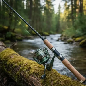 Close-up of a high-quality reel attached to a beginner trout fishing pole to illustrate proper setup.