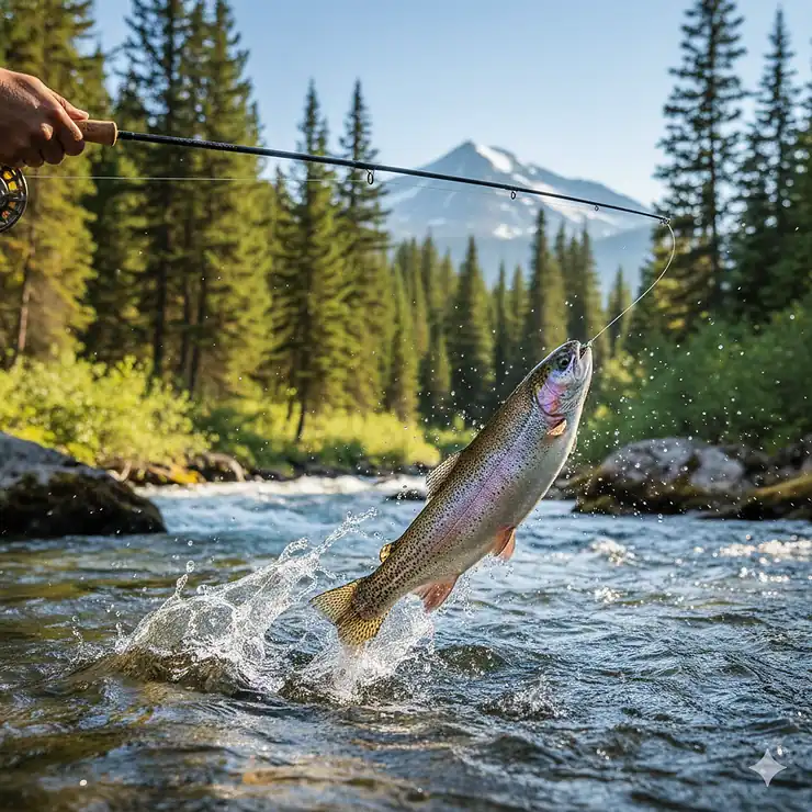 A rainbow trout being reeled in using the best fishing line and a fly rod. best fishing line trout