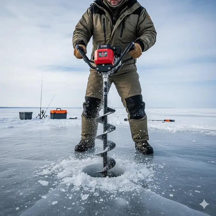 Close-up of a sturdy ice auger drilling a hole through thick ice for fishing. ice augers for ice fishing