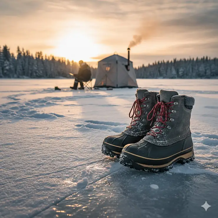 A pair of best ice fishing boots shown standing on a frozen lake, emphasizing insulation and traction for extreme cold.