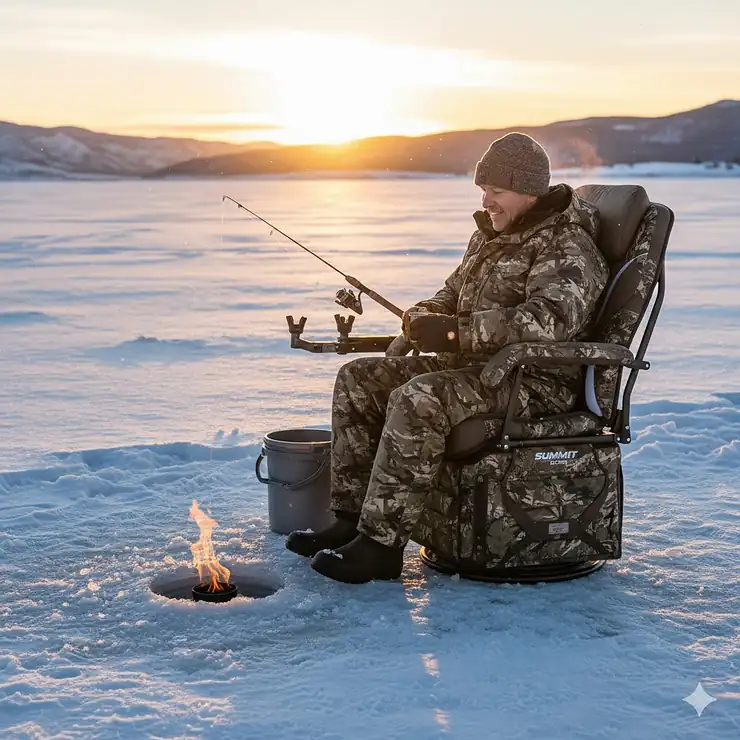 A high-quality photo of someone comfortably sitting on an ice fishing chair, actively fishing in a typical winter setting.