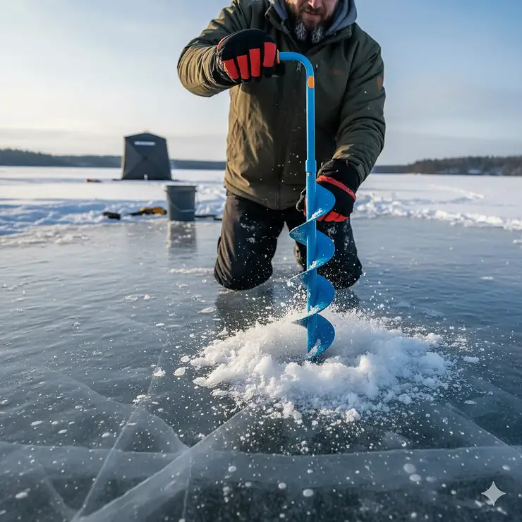A close-up shot of the best ice fishing hand auger being used to drill a perfect hole through thick ice.