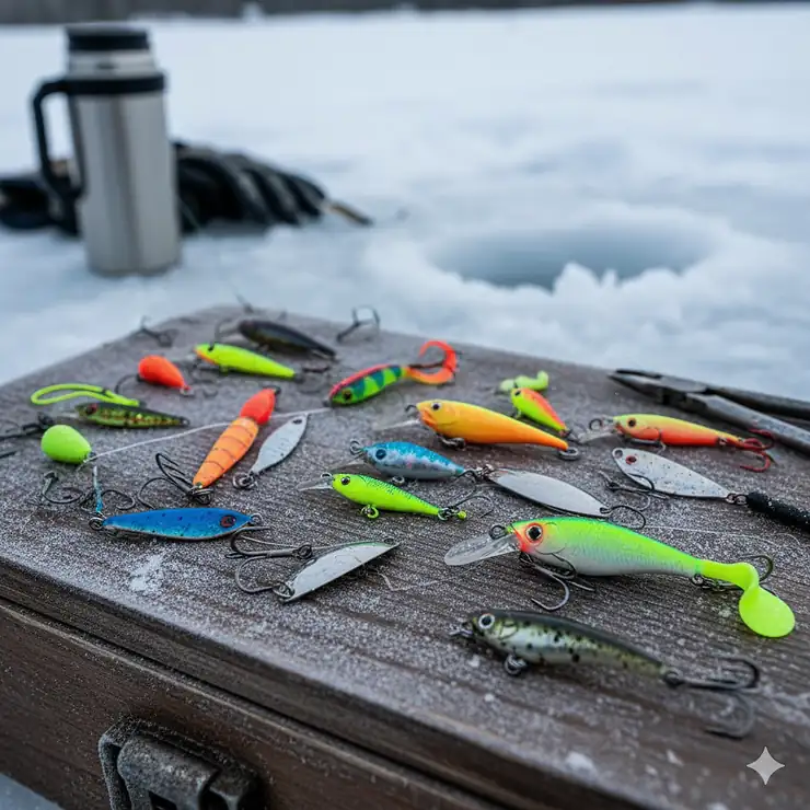 A close-up shot of a variety of brightly colored ice fishing lures and jigs laid out on a tackle box.