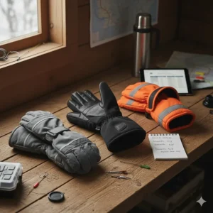 A pair of the best ice fishing mittens laid out for a product review and comparison.