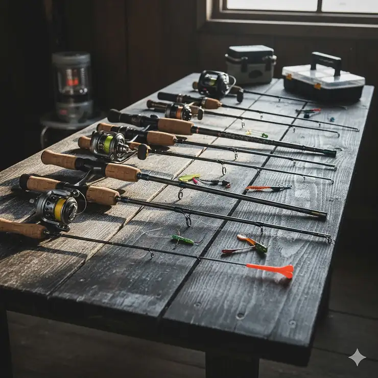 A professional selection of the best ice fishing rods, showcasing various lengths, actions, and handle materials for a comprehensive gear guide.