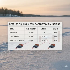 Comparison chart showing the load capacity and dimensions of the best ice fishing sleds on the market.