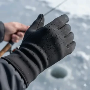 A shot focusing on the texture and fit of neoprene ice fishing gloves, ideal for wet conditions.