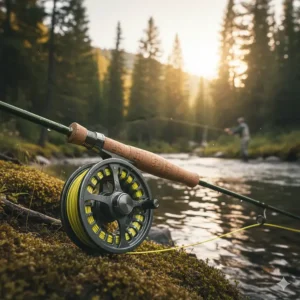 Close-up of a lightweight trout fishing rod and reel combo, illustrating proper balance for river casting.