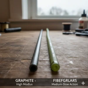 Comparison image showing the difference between graphite and fiberglass in two trout fishing pole blanks.