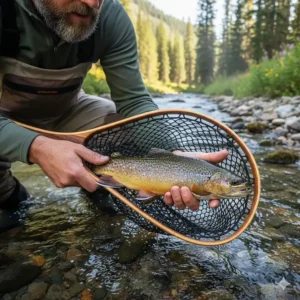 Fisherman gently holding a vibrant brook trout in a fly fishing net over a clear mountain stream before release.