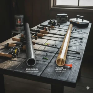 Diagram comparing solid carbon and tubular fiberglass blanks, materials used to make the best ice fishing rods for sensitivity and durability.