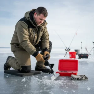 Guide demonstrating how to properly care for and protect ice auger blades after a day of ice fishing.