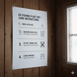 Instructions or a graphic showing the proper way to wash and maintain an ice fishing float suit after use.