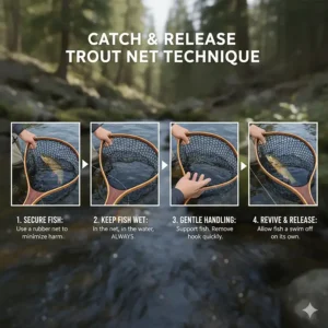 Illustrated steps for proper catch and release technique using a fly fishing net to protect brook trout.