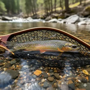 Detailed vector illustration of a brightly colored brook trout resting safely inside a fly fishing net.
