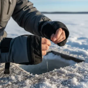 Convertible ice fishing mittens with a fold-back thumb and finger cap for knot tying and dexterity.