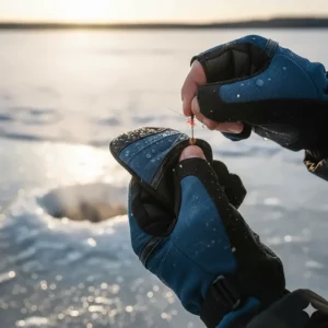 A pair of convertible ice fishing mittens with the fingertip flap secured open for dexterity.