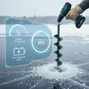 Graphic highlighting the minimum torque and battery requirements for an effective ice fishing auger setup.