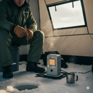 An ice fisherman comfortably seated inside a shanty, warmed by a compact ice fishing heater placed safely near their feet.