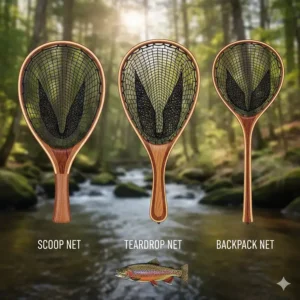 Comparative illustration of various trout fishing net styles (e.g., scoop, teardrop) suitable for brook trout fly fishing.