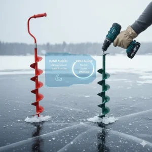 Side-by-side comparison of a traditional hand auger and the faster, more efficient ice fishing auger for drill.