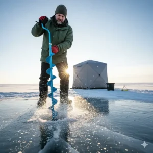An angler quickly drilling an ice hole using a sharp, high-quality manual ice fishing hand auger.