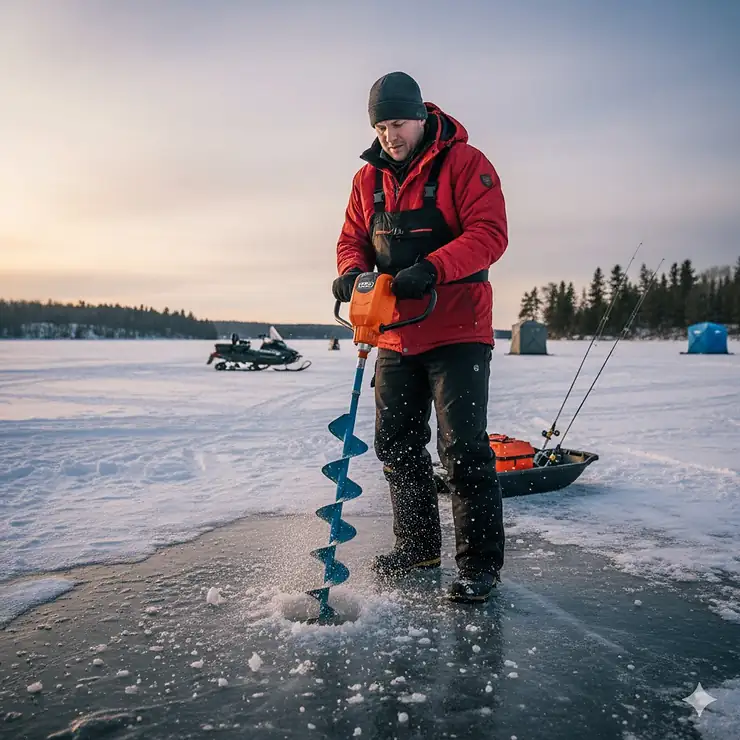 An angler using a powerful electric ice auger for ice fishing to quickly drill a hole through thick ice. electric ice augers for ice fishing