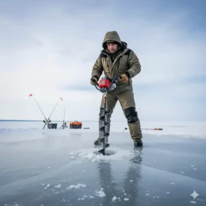 Angler effortlessly using a powerful electric ice auger to bore a clean hole through the ice.
