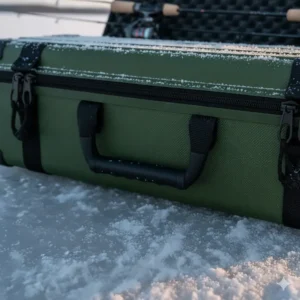 Close view of the comfortable, ergonomic rubberized handle on the ice fishing rod case for easy carrying.