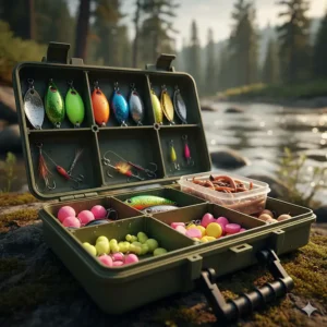 An open tackle box showcasing a selection of essential trout lures and natural bait options like worms and PowerBait.