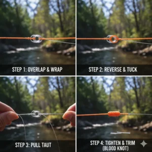 Step-by-step graphic illustrating how to tie a strong fishing knot for securing the leader to the main line when trout fishing.