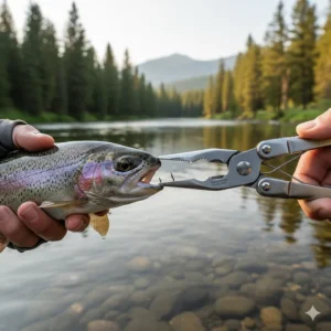 Stainless steel fishing multi-tool pliers being used to remove a hook from a fish, a handy trout fishing accessory.