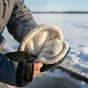 Interior view of a fleece-lined ice fishing mitten showing the thermal insulation for warmth.