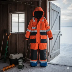 Full-length view of a two-piece ice fishing float suit, showing the jacket and matching insulated bibs.
