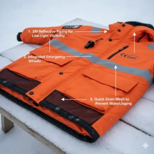 Highlighting key safety features of the suit, such as reflective piping, whistle, and quick-drain mesh.