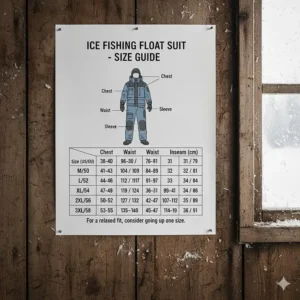 A clear size chart for an ice fishing float suit, showing measurements for chest, waist, and inseam.
