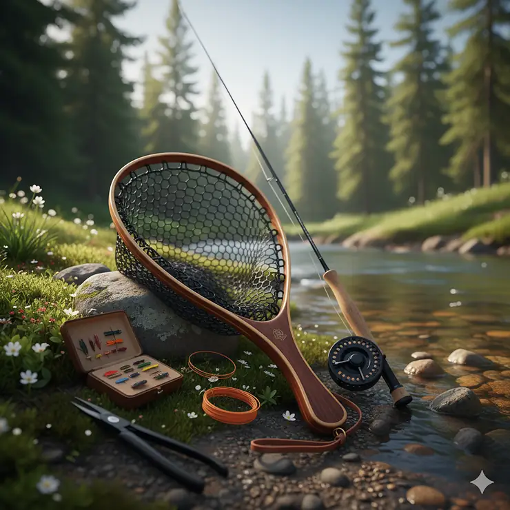 Illustration of a brook trout fly fishing net leaning against a rock next to a stream, showing essential fishing gear.
