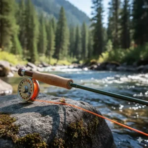A detailed view of a flexible, medium-action fly fishing rod for trout, highlighting the cork handle and line guides.