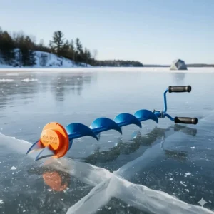 A lightweight folding ice fishing hand auger demonstrated in its compact, travel-ready state.