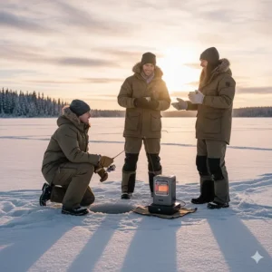 Three friends enjoying ice fishing on a frozen lake, with an ice fishing heater keeping them warm and comfortable.