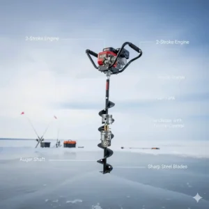 Diagram showing the components of a robust gas-powered ice auger, a reliable tool for deep ice.