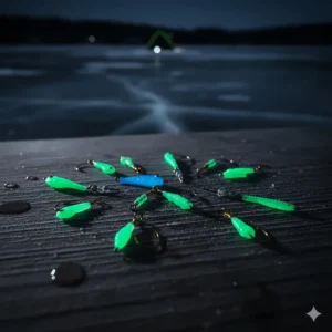 A collection of various glow-in-the-dark ice fishing jigs that are effective in deep or dark water.