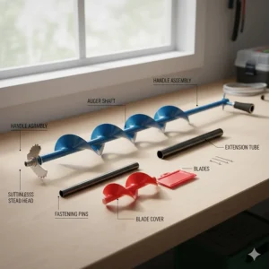 Detailed diagram showing the main parts of an ice fishing hand auger, including the cutting head and handle.