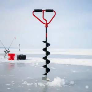 A lightweight hand ice auger with sharp blades, ideal for light ice fishing.