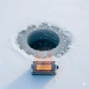 Aerial view showing an ice fishing hole and a compact catalytic ice fishing heater providing warmth on the frozen surface.