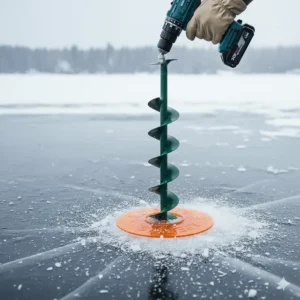 Illustration showing the integrated safety plate on the ice fishing auger for drill to prevent it from falling down the hole.