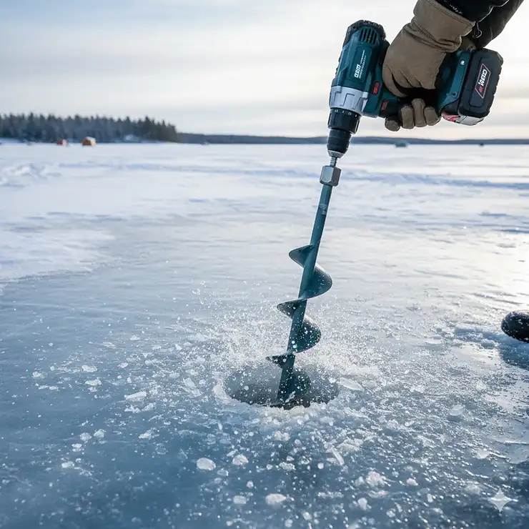 A close-up shot of a powerful ice fishing auger for drill attachment being used to quickly bore a hole through thick ice.