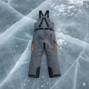 Back view of the cold-weather ice fishing bibs showcasing the reflective safety elements and high waist.