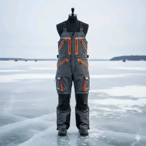A high-quality, front-facing image of ice fishing bibs designed for maximum warmth and flotation on the ice.