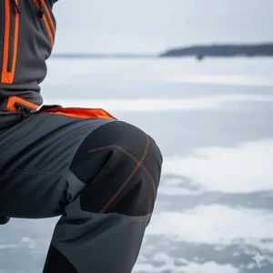 Close-up showing the durable, reinforced knees and seat area of the heavy-duty ice fishing bibs.